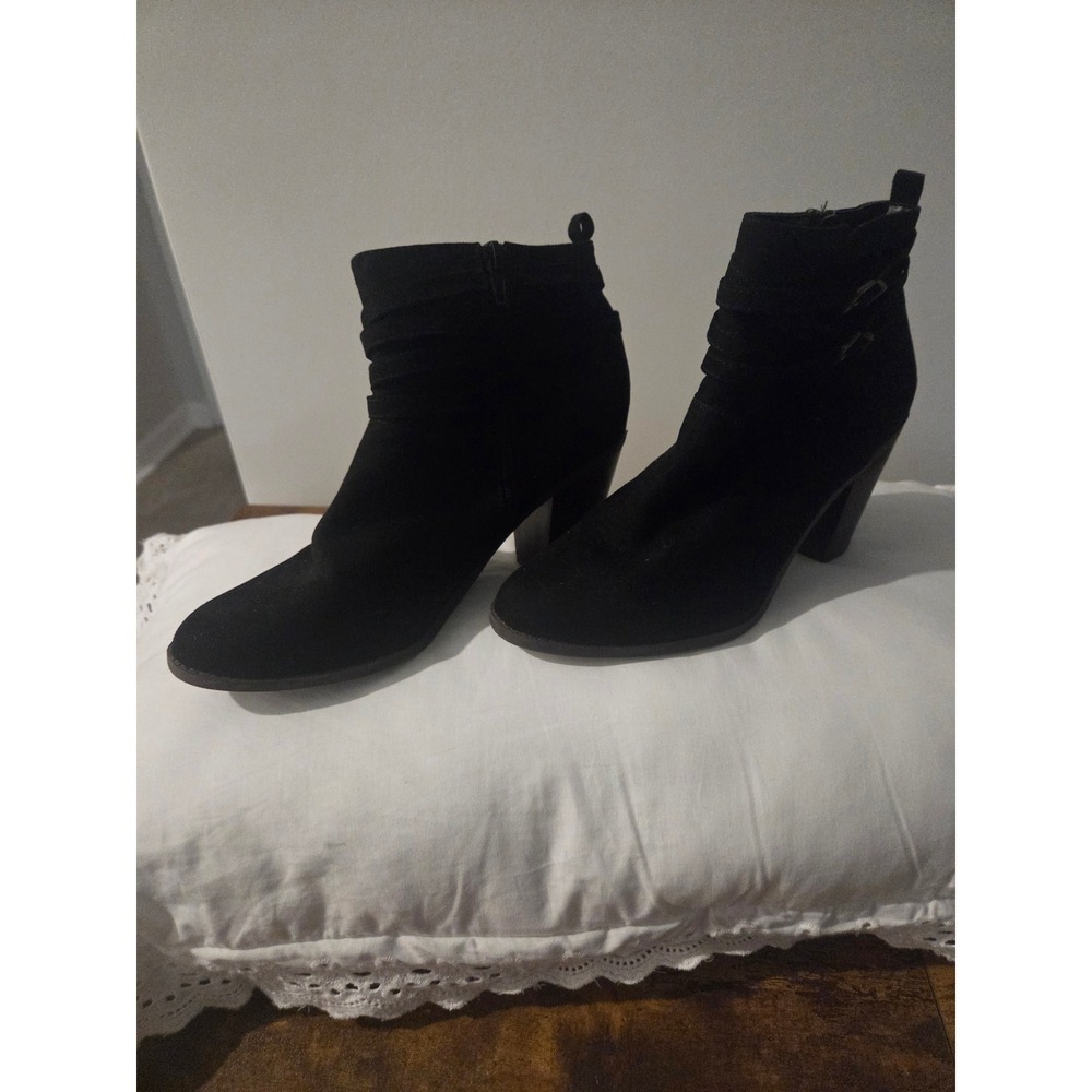 JustFab Black Faux Suede Buckle Strap Ankle Boots Block Heel Pointed Toe Women